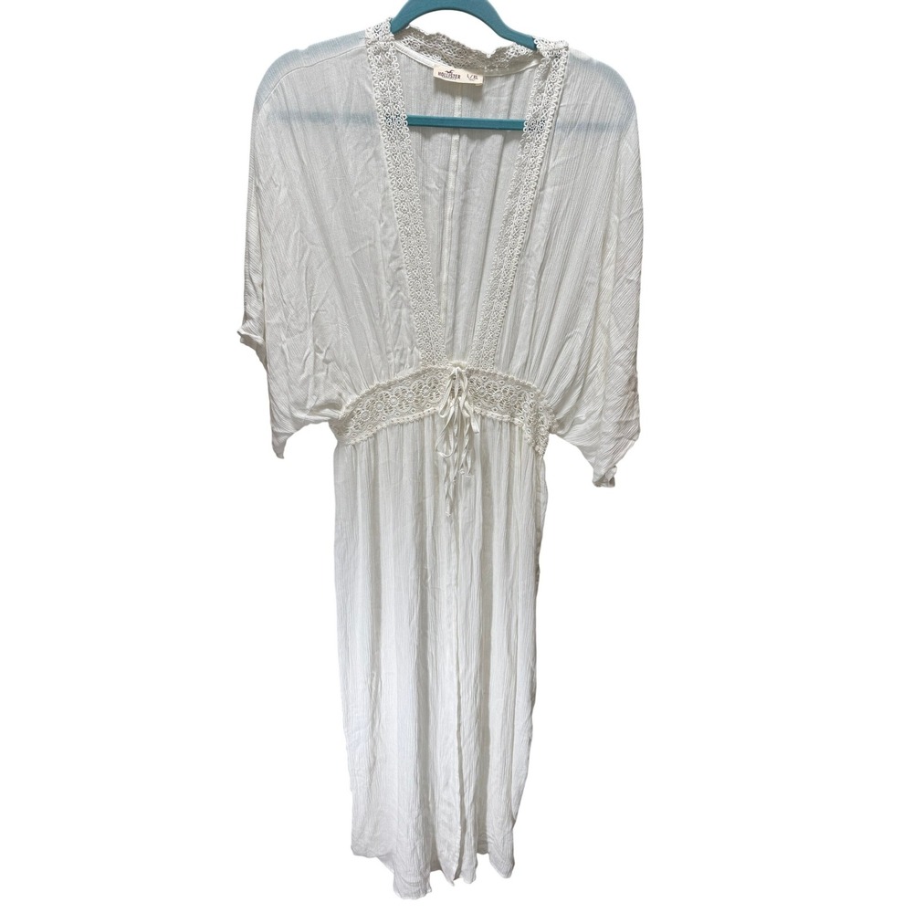 Hollister Maxi Coverup Womens L/XL White Crochet Lace Boho Kimono Sleeve Beach